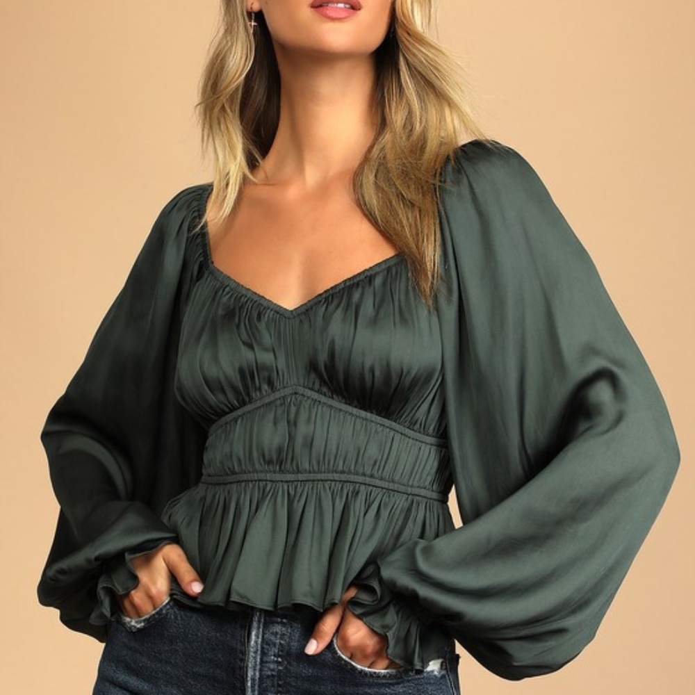 Lulus Sophisticate Dark Green Satin Ruched Long Sleeve Top - Size M